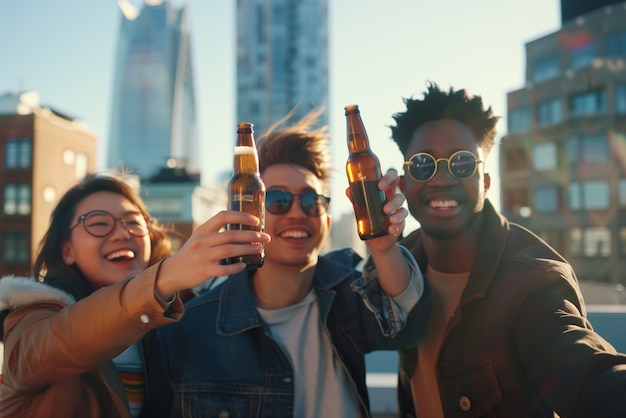 Happy friends toasting with beer