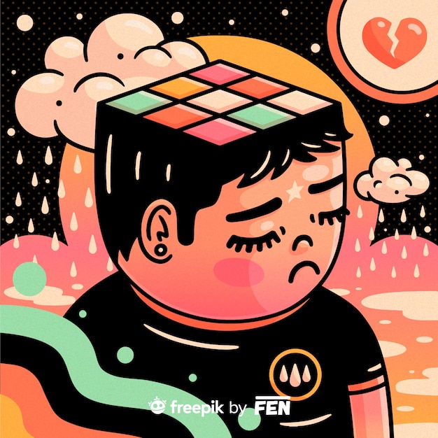 Illustration of sad person with messy head