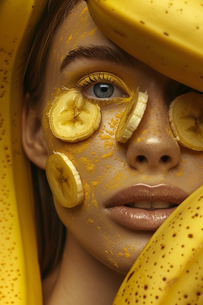 Portrait of woman interacting with fruits